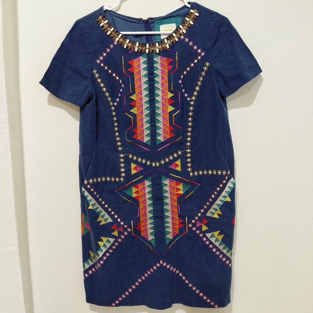 Maeve Linen Cotton Blend Aztec Embroidered Boho Dress Pockets Women Size 4